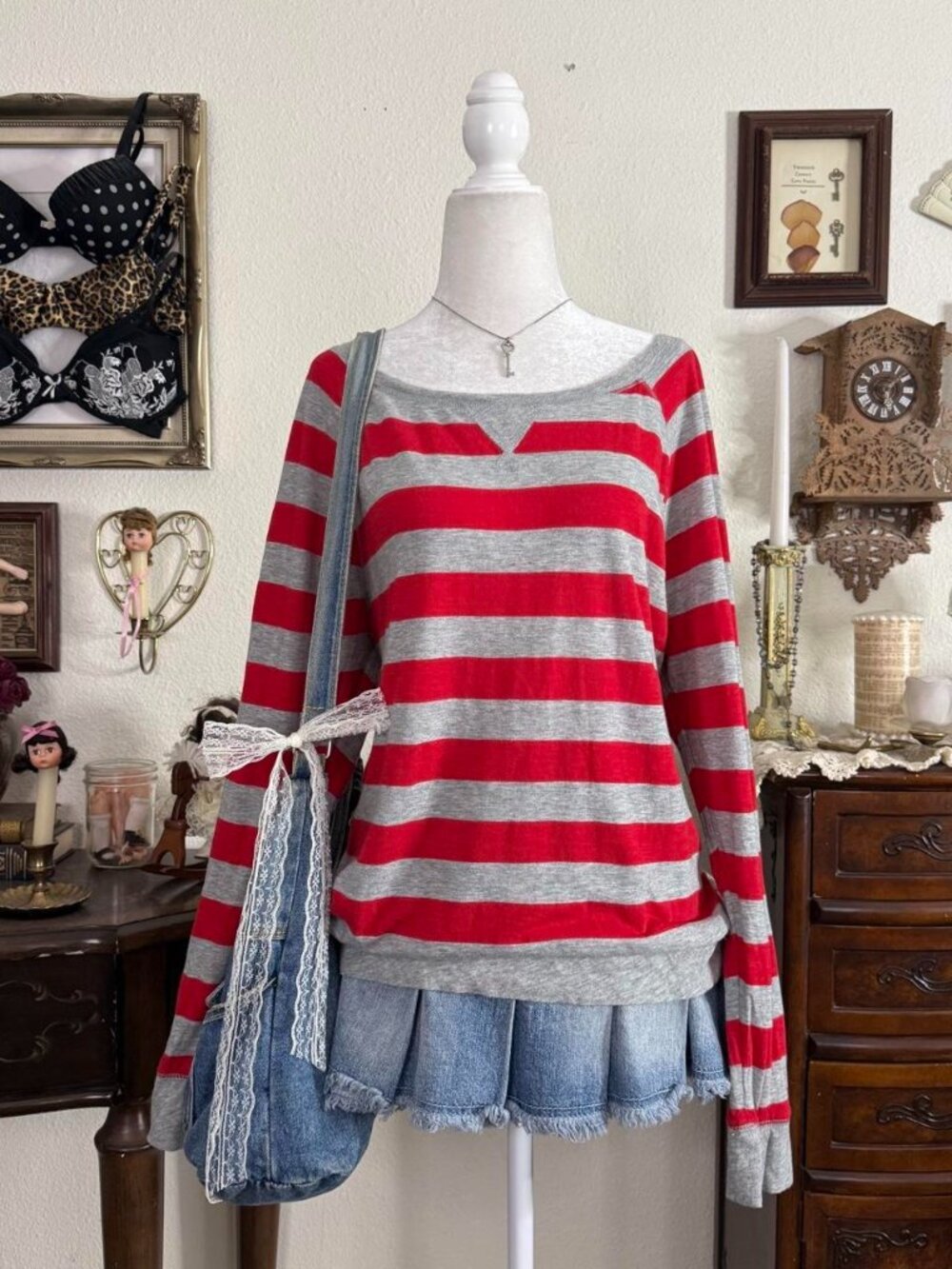 Girly grunge preppy grey and red long sleeve top